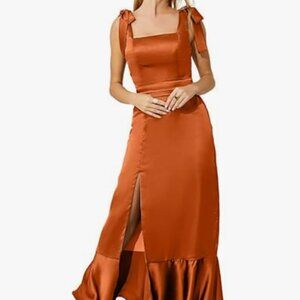 Satin Side Slit Midi Formal Evening Party Dress